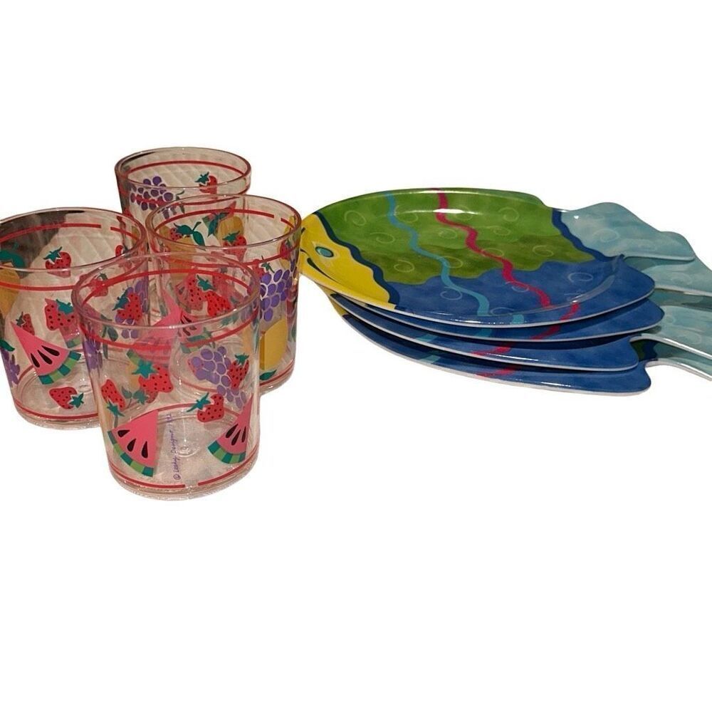Multicolor Tropical Fish Glass Tumblers and Plates Set